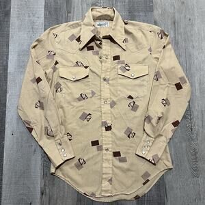 VTG 1970s Hippie Disco Pearl Snap Permanent Press Face Print MOD Collared Shirt